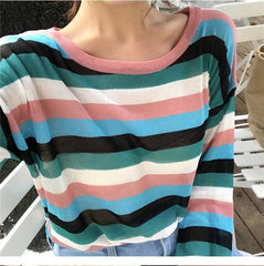 Dünner leichter Strick Sommer Bunte Streifen Langarm