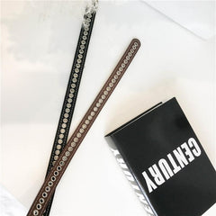 Thin Punk Style Black Leather Belt With Silver Eyelets