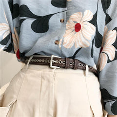 Thin Punk Style Black Leather Belt With Silver Eyelets