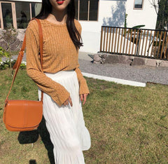 Camisa holgada de manga larga acanalada con colores sólidos finos