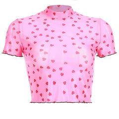 Camisa fina y ajustada con estampado de corazones transparentes, rosa, blanco y negro