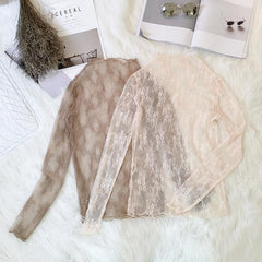 Blusa de manga larga fina con encaje transparente, floral, beige y blanco