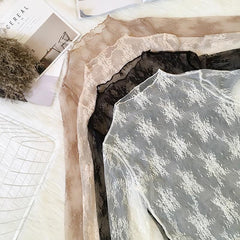 Blusa de manga larga fina con encaje transparente, floral, beige y blanco
