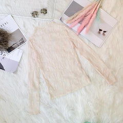 Blusa de manga larga fina con encaje transparente, floral, beige y blanco