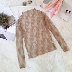 Blusa de manga larga fina con encaje transparente, floral, beige y blanco