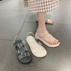 Transparente Streifen Kawaii Flache Sommersandalen mit offener Spitze