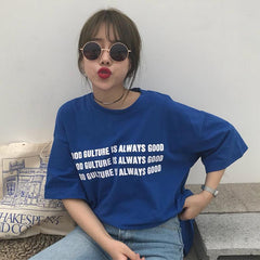 Trendy Letters Print Blue Loose T-Shirt