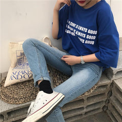 Trendy Letters Print Blue Loose T-Shirt