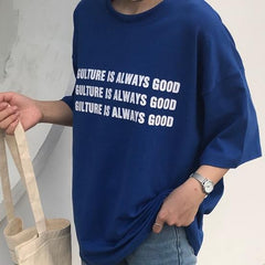 Trendy Letters Print Blue Loose T-Shirt