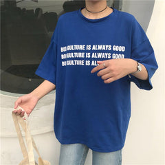 Trendy Letters Print Blue Loose T-Shirt