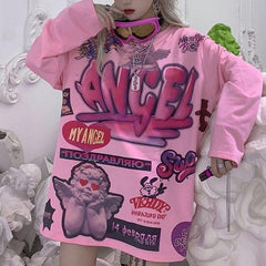 Tumblr Aesthetic Angel Print Long Sleeve Loose T-Shirt