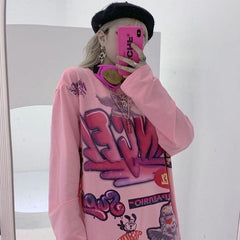 Tumblr Aesthetic Angel Print Long Sleeve Loose T-Shirt