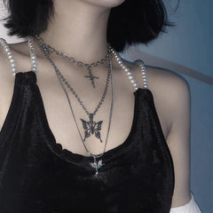 Tumblr Grunge Set Of Silver Chains And Pendants Necklace