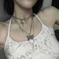 Tumblr Grunge Set Of Silver Chains And Pendants Necklace