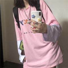 Tumblr Rainbow Lucky Print Fake Two Piece T-Shirt