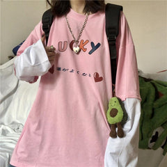 Tumblr Rainbow Lucky Print Fake Two Piece T-Shirt