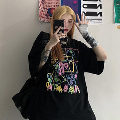 Ulzzang Bear Line Drawing Print Oversized T-Shirt