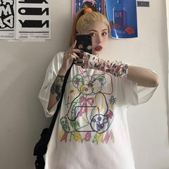 Ulzzang Bear Line Drawing Print Oversized T-Shirt