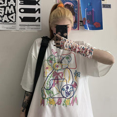 Ulzzang Bear Line Drawing Print Oversized T-Shirt