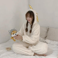 Pijama de una pieza de felpa blanca con capucha de unicornio, suave y estético