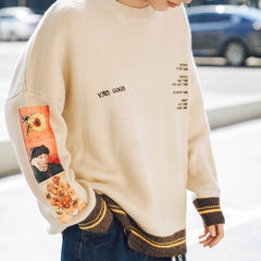 Van Gogh imprime el suéter Art Hoe suéter suelto de color caqui