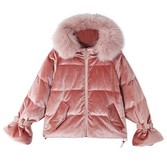 Velvet Faux Fur Hood Pink Gray Puff Padded Outwear Jacket