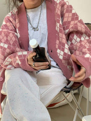 Cárdigan de punto holgado con estampado de rombos estético vintage