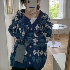 Cárdigan de punto holgado con estampado de rombos estético vintage