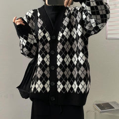 Cárdigan de punto holgado con estampado de rombos estético vintage