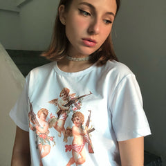 Vintage Aesthetic Armed Three Angels Print T-Shirt