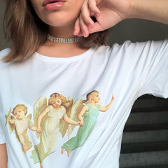 Vintage Aesthetic Three Girls Angels Print T-Shirt