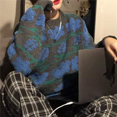 Vintage Blue Pink Flowers Pattern Knit Loose Sweater