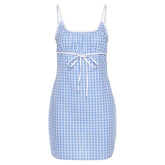 Vestido vintage con tirantes y estampado a cuadros azules