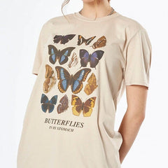 Vintage Butterflies Print Loose Creamy White T-Shirt