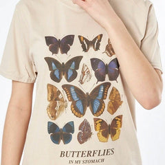 Vintage Butterflies Print Loose Creamy White T-Shirt
