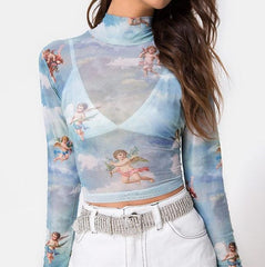 Camisa corta transparente azul con querubines vintage