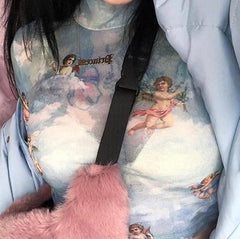 Camisa corta transparente azul con querubines vintage