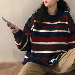 Vintage Oversize Strickpullover mit Lockenhals und Streifen