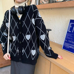 Vintage Cute Hearts Pattern Knit Vest + Cardigan