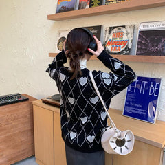 Vintage Cute Hearts Pattern Knit Vest + Cardigan