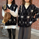 Vintage Cute Hearts Pattern Knit Vest + Cardigan
