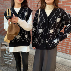 Vintage Cute Hearts Pattern Knit Vest + Cardigan
