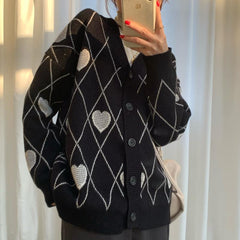 Vintage Cute Hearts Pattern Knit Vest + Cardigan