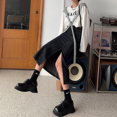 Vintage Denim Hohe Taille Geknöpfter Langer Rock