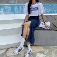 Vintage Denim Hohe Taille Geknöpfter Langer Rock