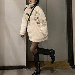 Vintage Kunstpelz Bunte Patches High Neck Loose Coat