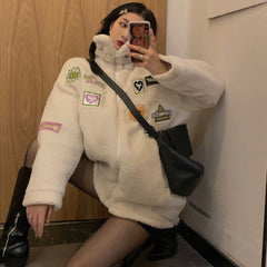 Vintage Kunstpelz Bunte Patches High Neck Loose Coat