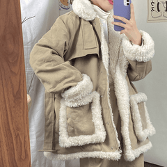 Vintage Faux Fur Padded Waist Belt Loose Jacket