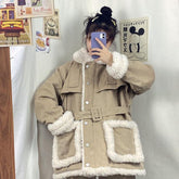 Vintage Faux Fur Padded Waist Belt Loose Jacket