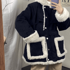 Vintage Faux Fur Padded Waist Belt Loose Jacket